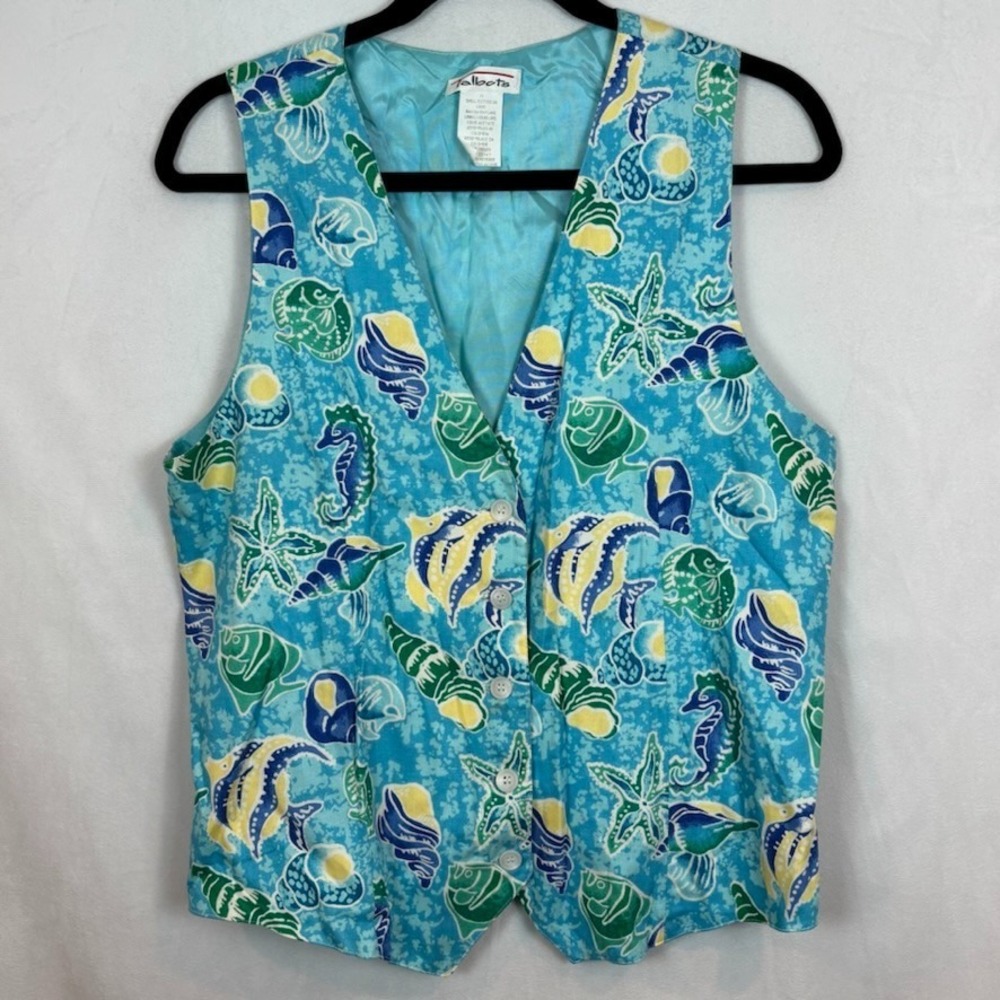 Vintage Talbots Womens Blue Ocean all over pattern vest Size Med 90's Retro Fun‎
